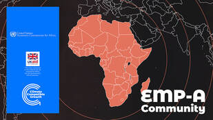 An image of Africa in a copper colour with the partner logos on the left